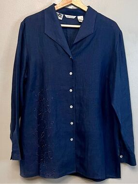 VTG Richard Malcolm Women’s Navy Long Sleeve Irish Linen Blouse Embroidered XL